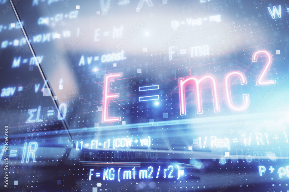 Desktop computer background and formula hologram writing. Double exposure. Education concept. Desktop computer background and formula hologram writing. Double exposure. Education concept.