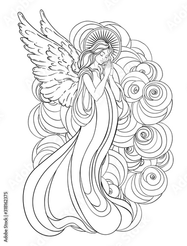 Angel girl with wings, cross, roses and halo. Isolated hand drawn vector illustration. Trendy Vintage style element. Spirituality, occultism, alchemy, magic.
