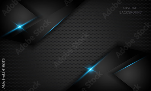 Black abstract overlap background. Texture with blue metallic effect. Modern technology design template.