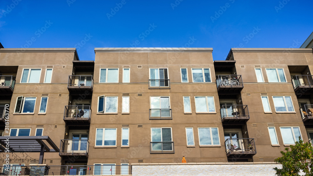 Exterior view of multifamily residential building; Mountain View, San Francisco bay area, California