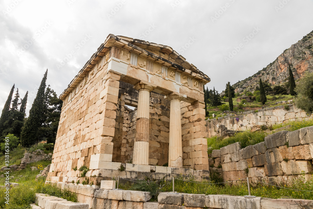 Delphi, Greece. The Treasury of Athens, one of the buildings of the ancient Sanctuary of Apollo in Delphi