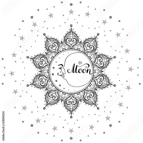 Ornamental Boho Style Element: Moon with face, crescent. Vector illustration....