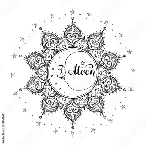 Ornamental Boho Style Element: Moon with face, crescent. Vector illustration....