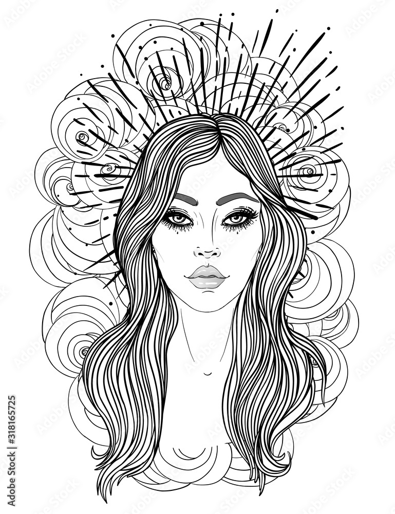 Magic night fairy. Hand drawn portrait of a beautiful shaman girl with angel wings. Alchemy, religion, spirituality, occultism, tattoo art. Isolated vector illustration. Coloring book page for adults Magic night fairy. Hand drawn portrait of a beautiful shaman girl with angel wings. Alchemy, religion, spirituality, occultism, tattoo art. Isolated vector illustration. Coloring book page for adults
