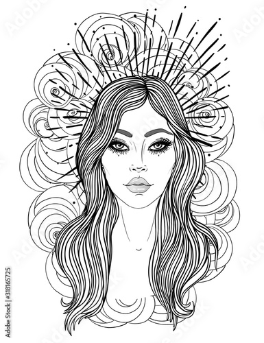 Magic night fairy. Hand drawn portrait of a beautiful shaman girl with angel ...