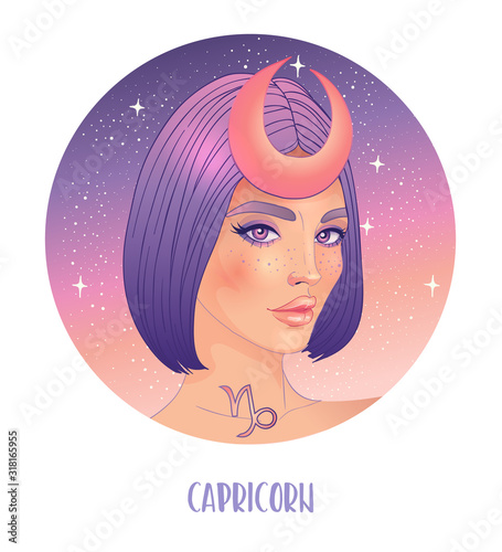 Illustration of Capricorn astrological sign as a beautiful girl. Zodiac vector illustration isolated on white. Future telling, horoscope, alchemy, spirituality, occultism, fashion woman.