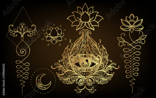 Vector ornamental Lotus flower, ethnic art, patterned Indian paisley. Hand drawn illustration isolated. Invitation. Golden stickers, flash temporary tattoo, mehndi symbol. Gold gradient over black.