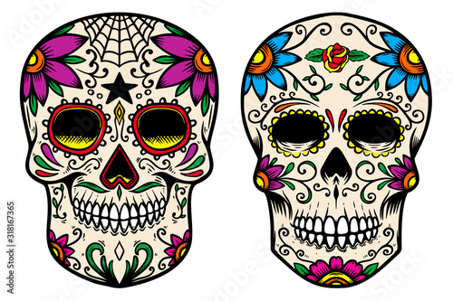 Set of vintage mexican sugar skull isolated on white background. Design element for logo, label, sign, poster. Vector illustration