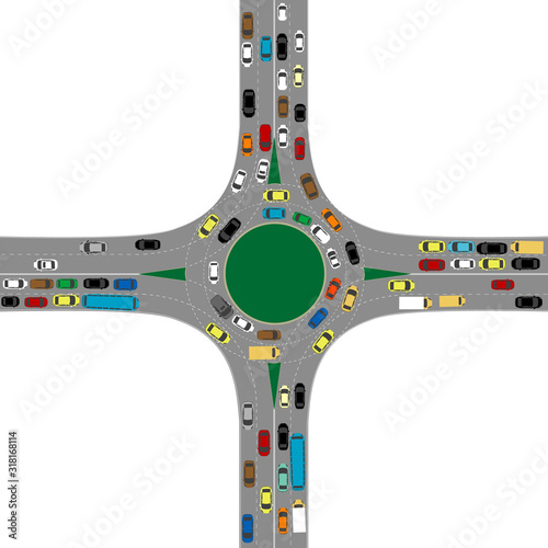 Roundabout road junction with many cars