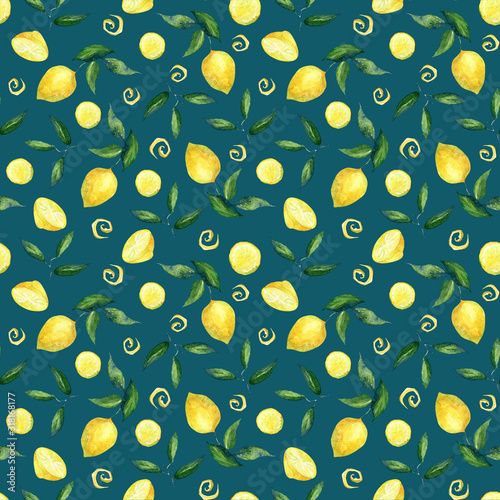 Pattern with lemons on a dark background. Lemons on a branch, leaves, lemon slices