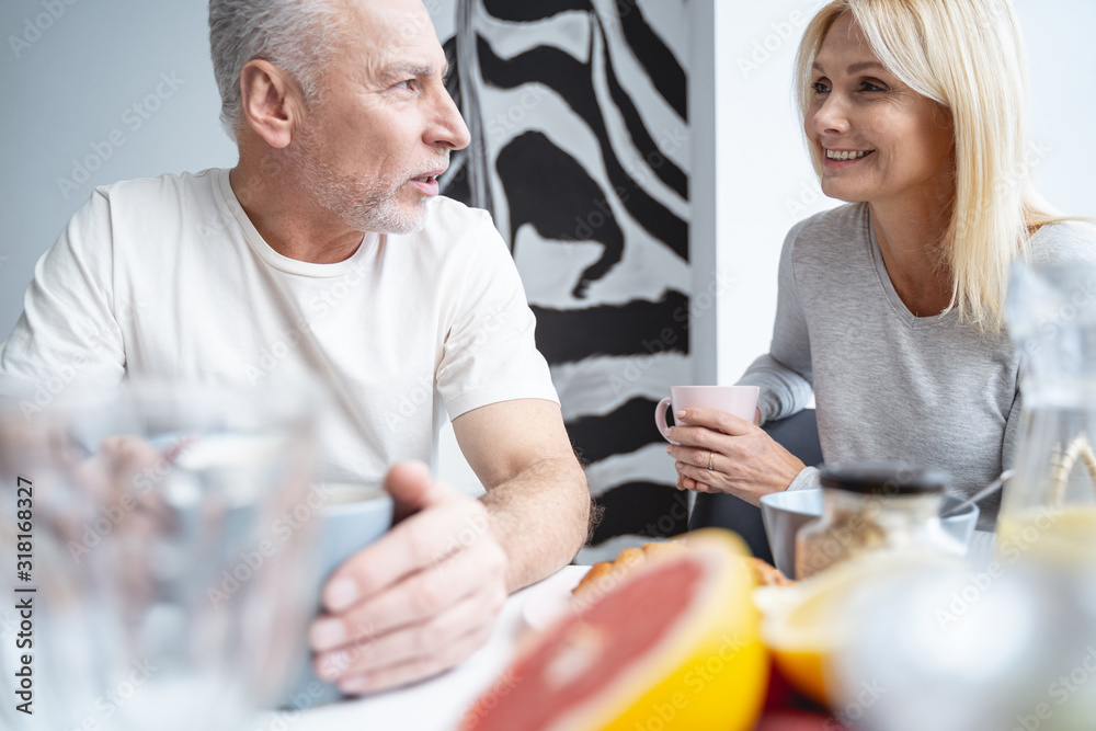 Morning coffee and interesting conversation stock photo