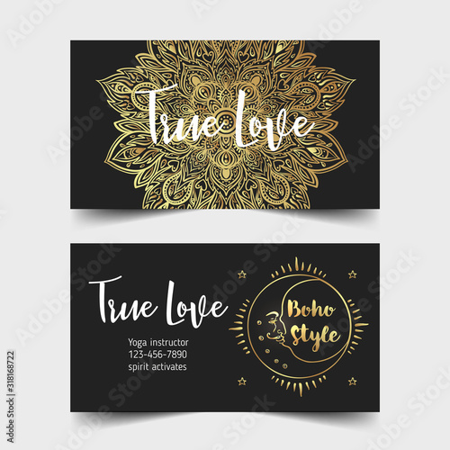 Yoga business card design in gold an black. Template for spiritual retreat or yoga studio. Ornamental business cards, oriental pattern. Vector illustration..