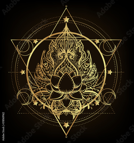 Vector ornamental Lotus flower, ethnic art, patterned Indian paisley. Hand drawn illustration isolated. Invitation. Golden stickers, flash temporary tattoo, mehndi symbol. Gold gradient over black.