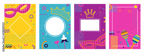 Carnival colorful posters set, flyer or invitation. Vector illustration. Funfair funny tickets design with pattern and emblem.