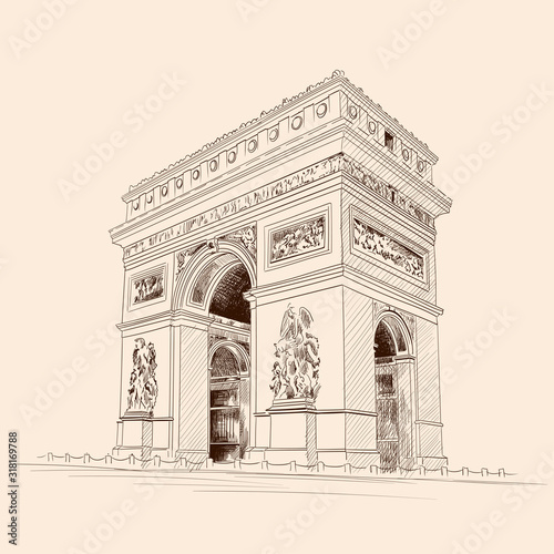 Triumphal Arch in Paris France. Pencil sketch on a beige background.