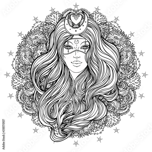 Moon princess. Tribal Fusion Boho Diva. Beautiful divine girl with crescent t...