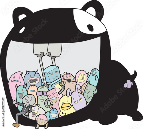 The monster group is fleeing from the giant monster's mouth.