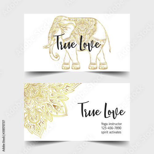 Yoga business card design in gold an black. Template for spiritual retreat or yoga studio. Ornamental business cards, oriental pattern. Vector illustration..