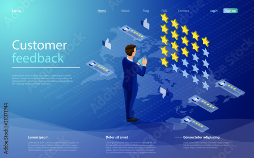 Feedback or rating concept. Client make a review or feedback. Businessman chooses stars rating on virtual touch screen. Customer service evaluation. Customer review, feedback, rating system concept