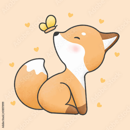 Cute fox and butterfly cartoon hand drawn style