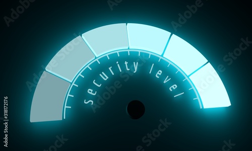Neon shine scale. The security level measuring device icon. Sign tachometer, speedometer, indicators. Infographic gauge element. 3D rendering photo