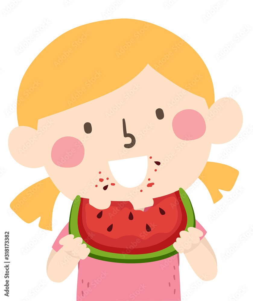 Kid Girl Eating Watermelon Illustration Kid Girl Eating Watermelon Illustration