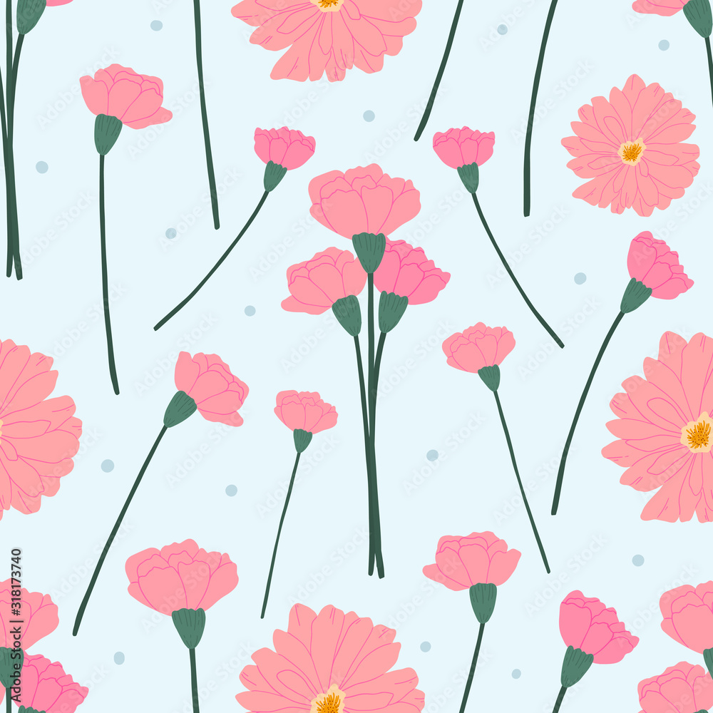 Decorative spring summer floral seamless pattern for print, textile, wallpaper. Hand drawn flowers background.