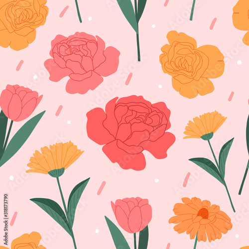 Decorative spring summer floral seamless pattern for print, textile, wallpaper. Hand drawn flowers background. © Hanifa_design