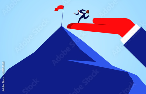 Supporting hand, huge hand helps businessman reach the summit directly
