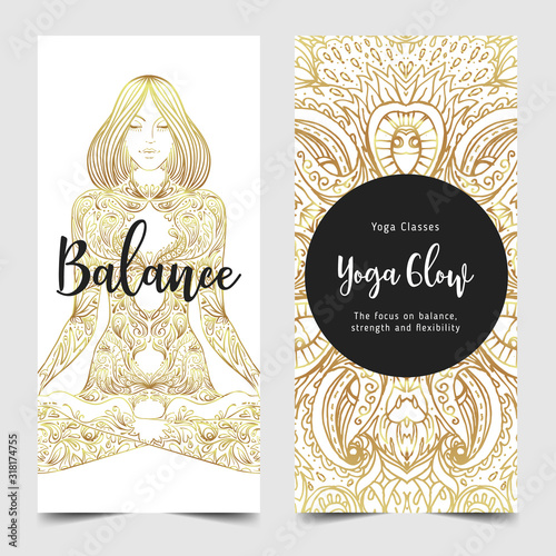 Yoga business card design in gold an black. Template for spiritual retreat or yoga studio. Ornamental business cards, oriental pattern. Vector illustration..