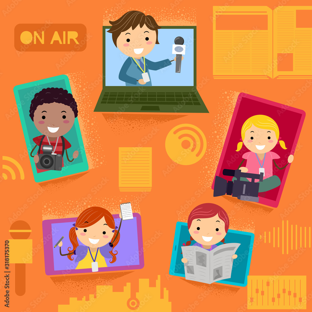 Stickman Kids Broadcasting Gadgets Illustration Stickman Kids Broadcasting Gadgets Illustration