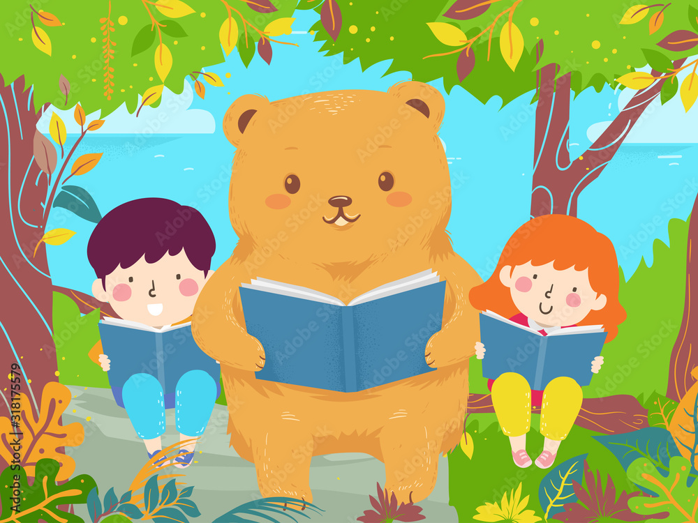 Naklejka premium Kids Bear Read Book Trees Illustration