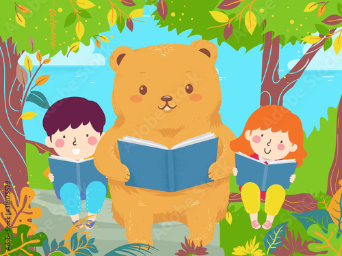Kids Bear Read Book Trees Illustration