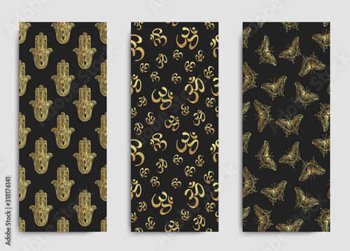 Yoga business card design in gold an black. Template for spiritual retreat or yoga studio. Ornamental business cards, oriental pattern. Vector illustration..