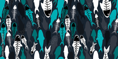 living and dead fish seamless pattern