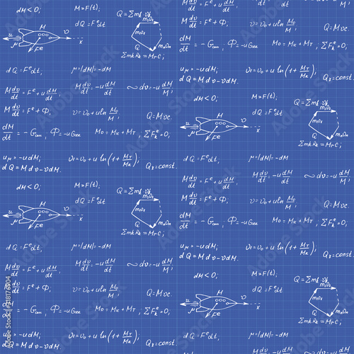 The calculation of the trajectory of a missile. Physics mathematical formula equation, doodle handwriting icon in blueprint seamless pattern with hand drawn model, create by vector. Vintage blueprint.