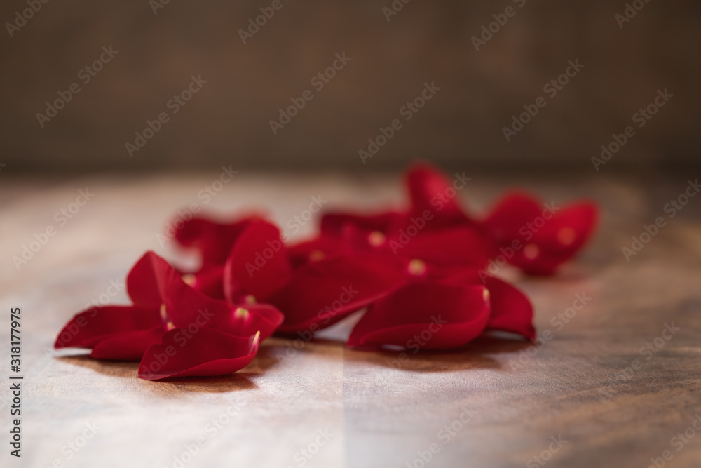 Red rose petals on wood background Red rose petals on wood background