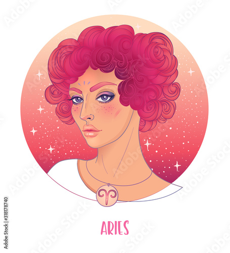 Illustration of Aries astrological sign as a beautiful girl. Zodiac vector illustration isolated on white. Future telling, horoscope, alchemy, spirituality, occultism, fashion woman.