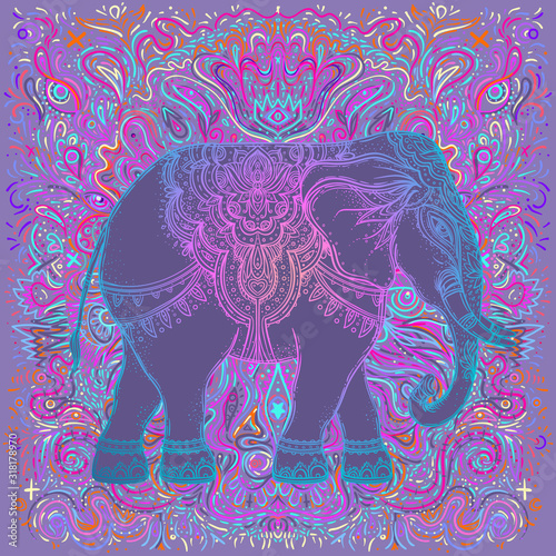 Beautiful hand-drawn tribal style elephant. Colorful paisley design, boho man...