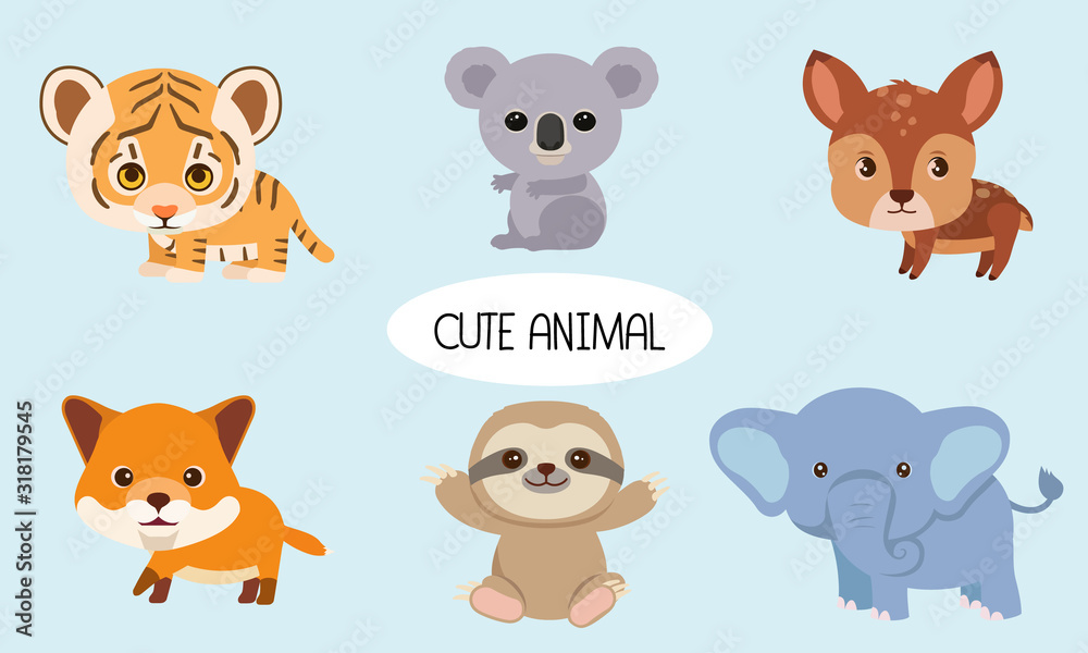 Fototapeta premium Vector illustration of baby animals including a koala delay the tiger, deer, fox, sloth
