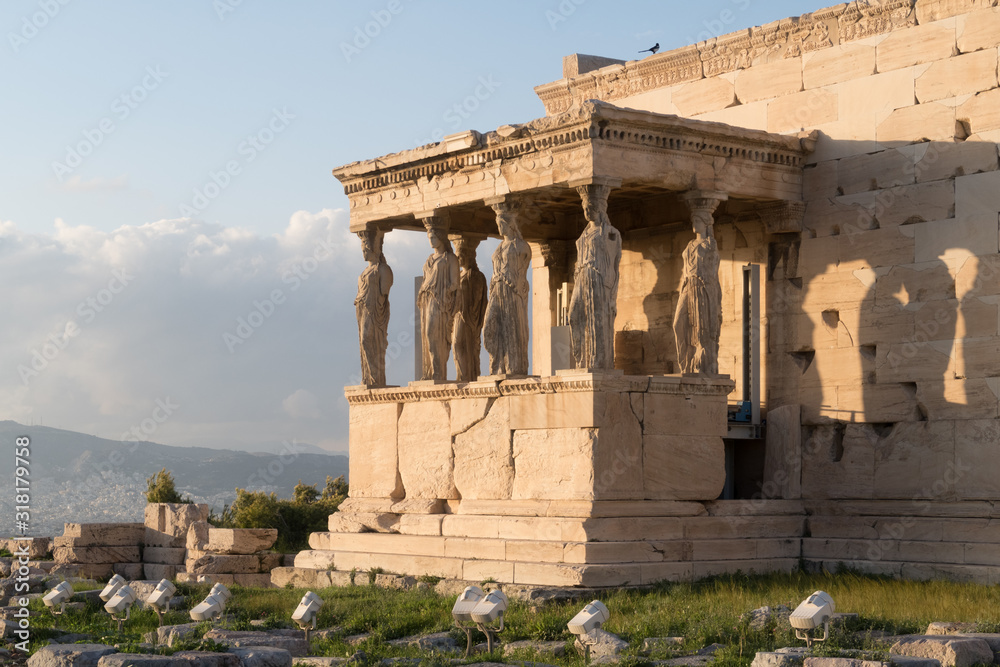 Athens, Greece - Dec 20, 2019: Erechtheion Temple with Caryatids, Caryatid Porch, Acropolis, Athens, Greece