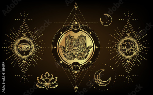 Vector ornamental Lotus flower, ethnic art, patterned Indian paisley. Hand drawn illustration isolated. Invitation. Golden stickers, flash temporary tattoo, mehndi symbol. Gold gradient over black.