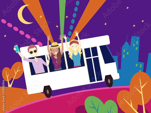 People Party Bus Design Illustration