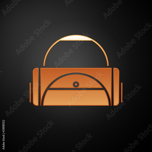 Gold Sport bag icon isolated on black background. Vector Illustration