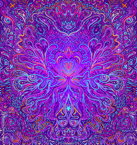Hypnotic shamanic acid seamless pattern. Hand drawn design in ethnic Indian style. Mystic abstract background, hippie and boho texture. Occult and tribal fusion vector trippy wallpaper.