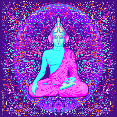 Sitting Buddha over colorful neon background. Vector illustration. Psychedelic mushroom composition. 60s hippie colorful art.