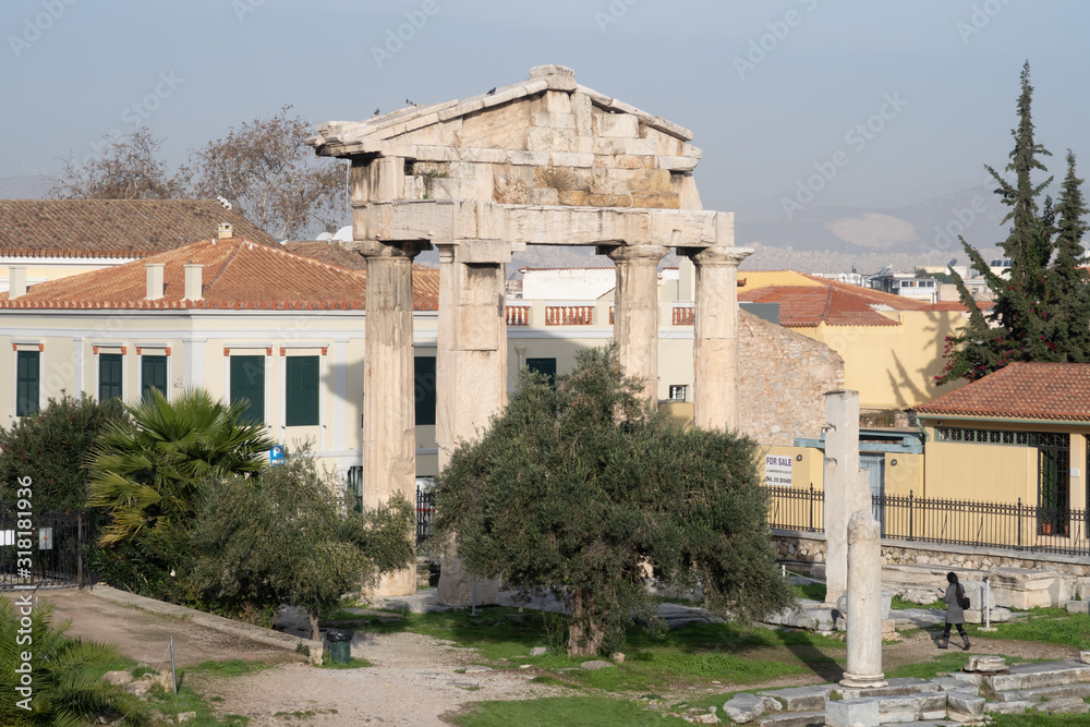 Athens, Greece - Dec 21, 2019: Remains of the Gate of Athena Archegetis and Roman Agora in Athens, Greece.