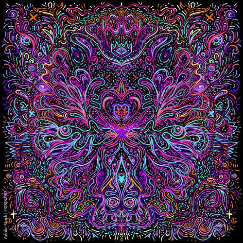 Hypnotic shamanic acid patterned background. Hand drawn design in ethnic Indian style. Mystic abstract hippie and boho texture. Occult and tribal fusion vector trippy.