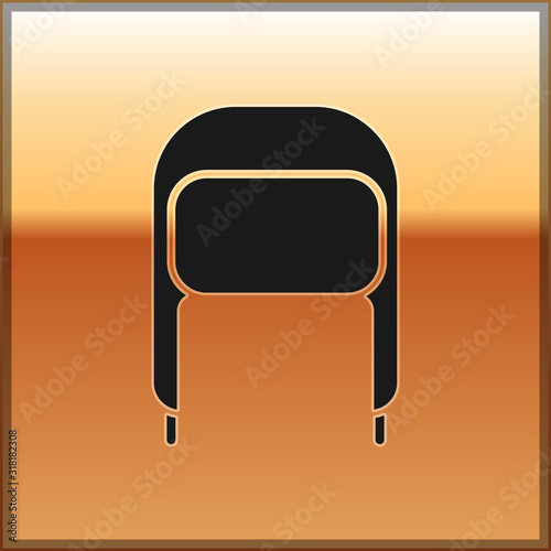 Black Winter hat with ear flaps icon isolated on gold background. Vector Illustration