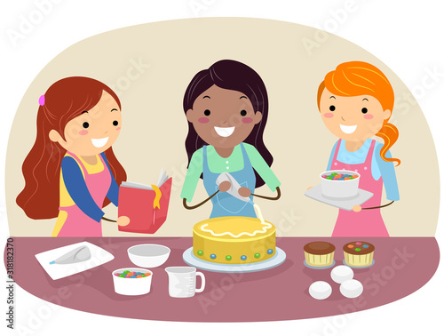 Stickman Teens Girls Friends Baking Illustration